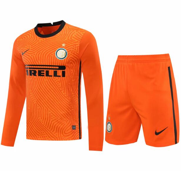 Inter Milan Long Sleeve Orange Goalkeeper Soccer Jersey Kits (Shirt+Shorts) 2020/21